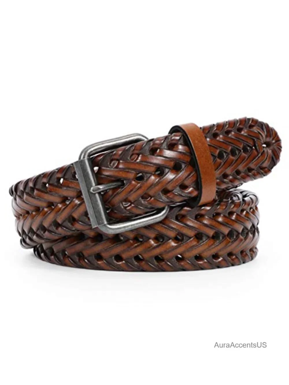 Men's Leather Braided Belt 1.3 Inch Wide Prong Buckle Woven